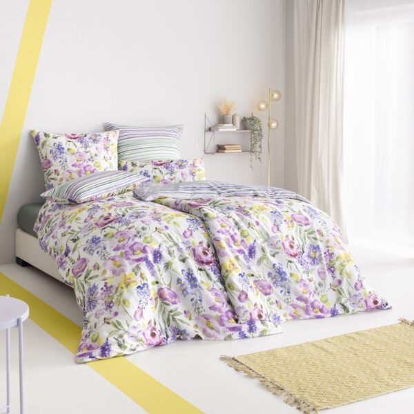 Estella Mako Satin Bettwäsche Wendy 4789-985 Blumen Streifen 135x200